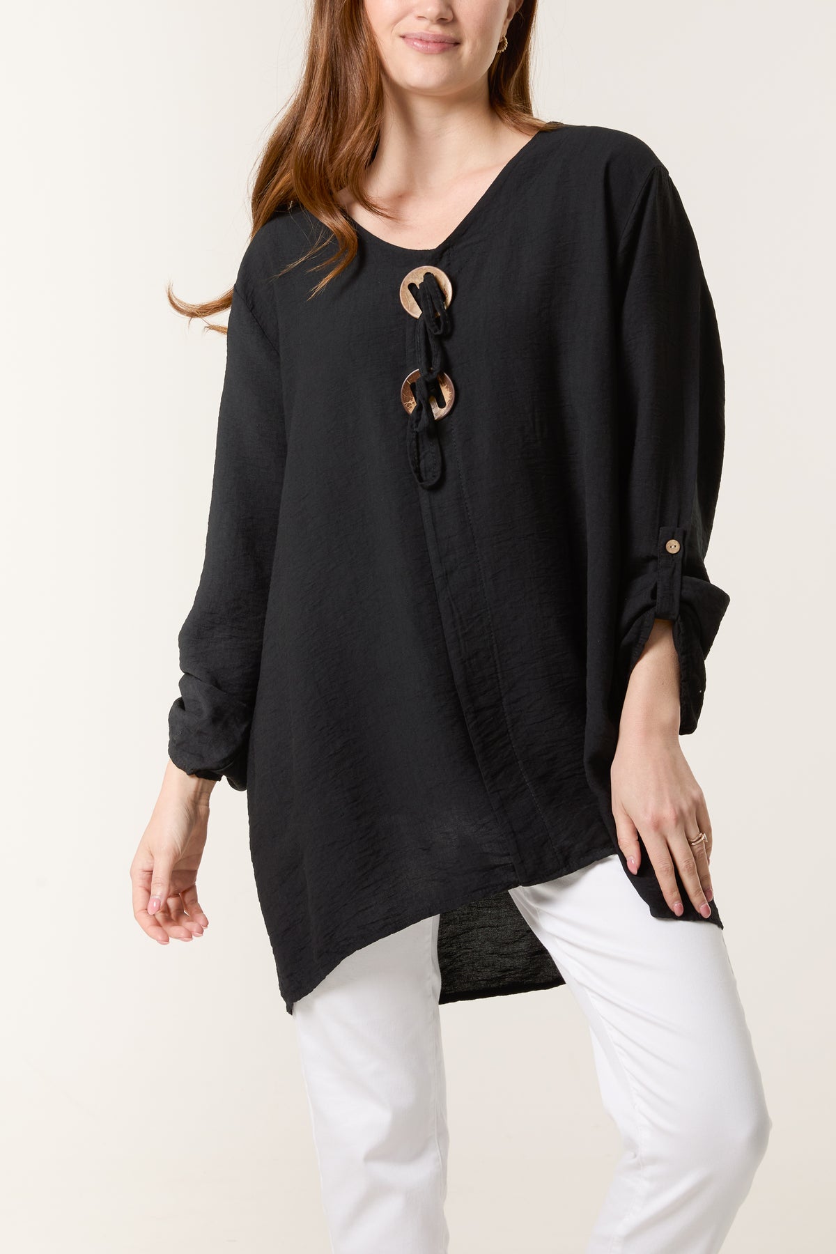 Tied Button Cotton Blend Blouse