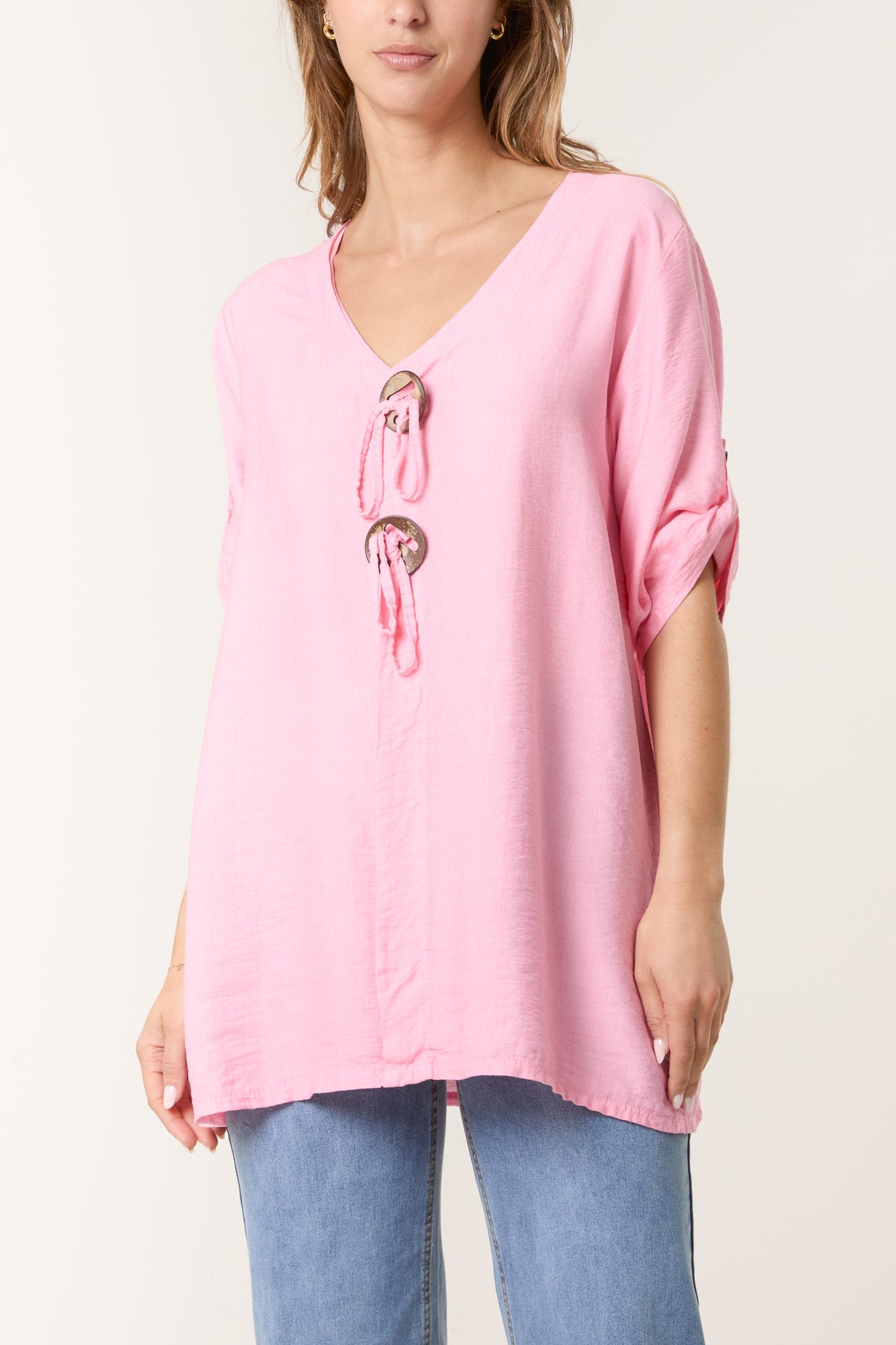 Tied Button Cotton Blend Blouse