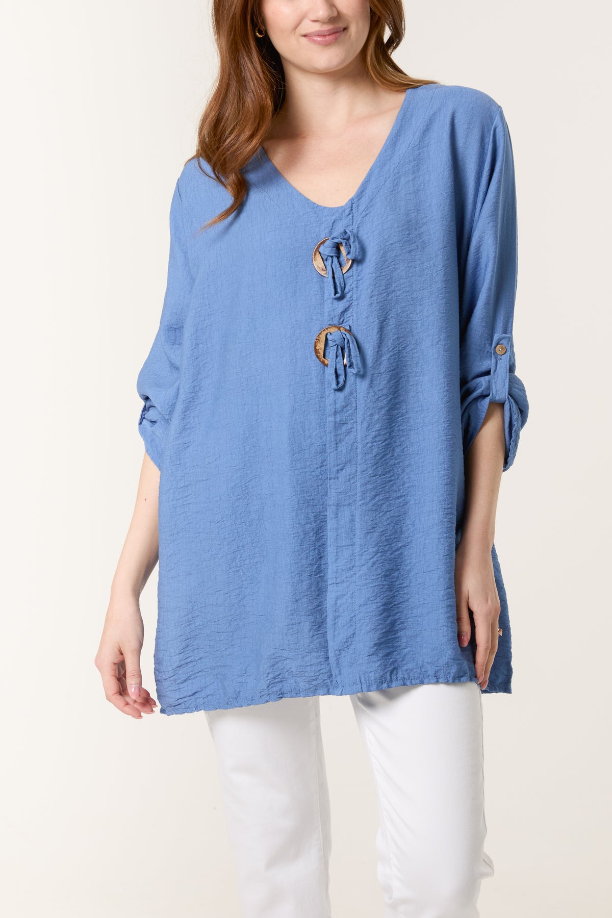 Tied Button Cotton Blend Blouse