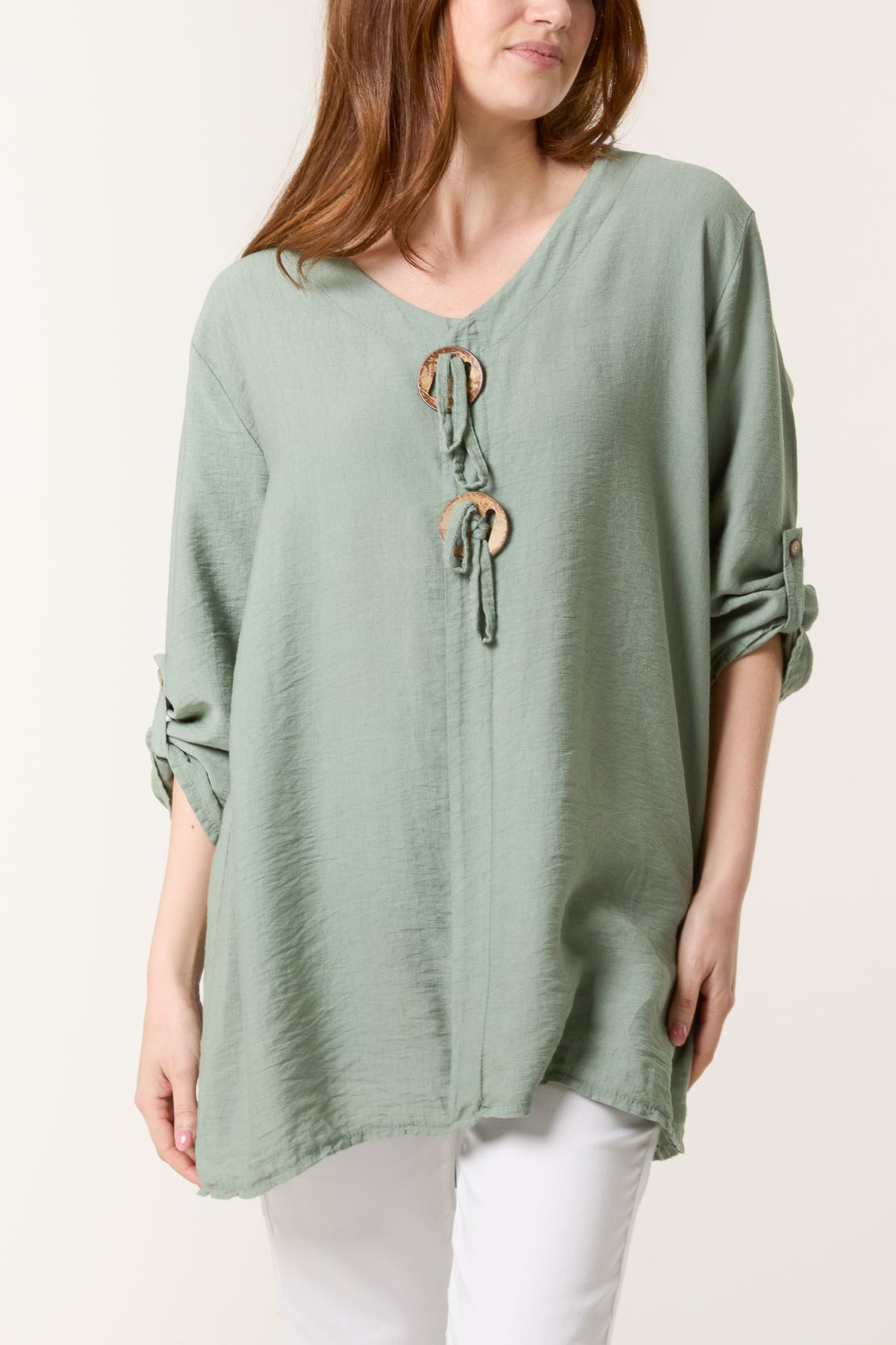 Tied Button Cotton Blend Blouse