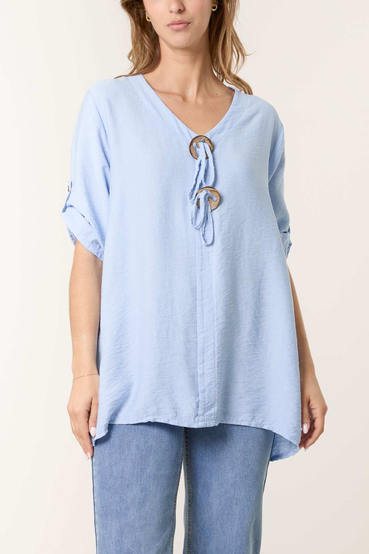 Tied Button Cotton Blend Blouse