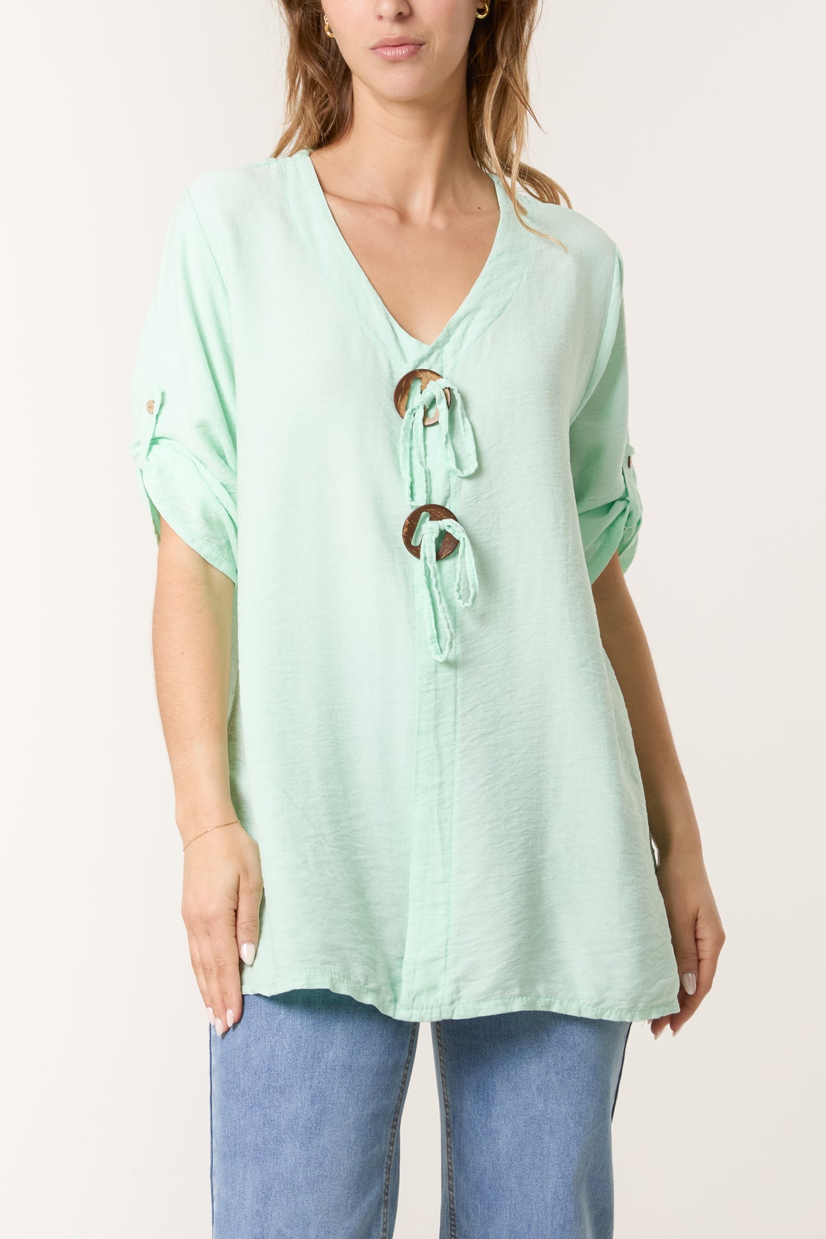 Tied Button Cotton Blend Blouse