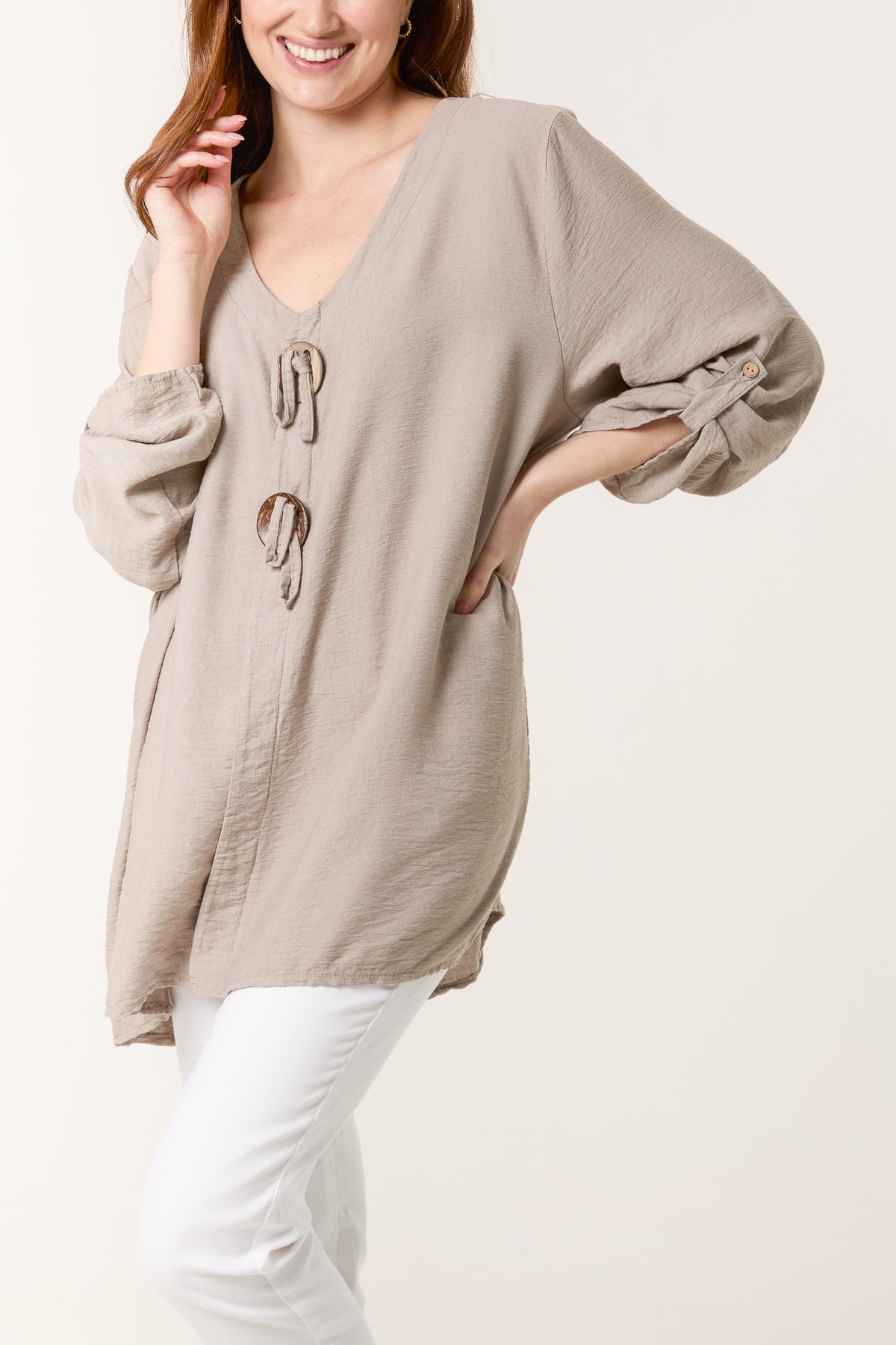 Tied Button Cotton Blend Blouse