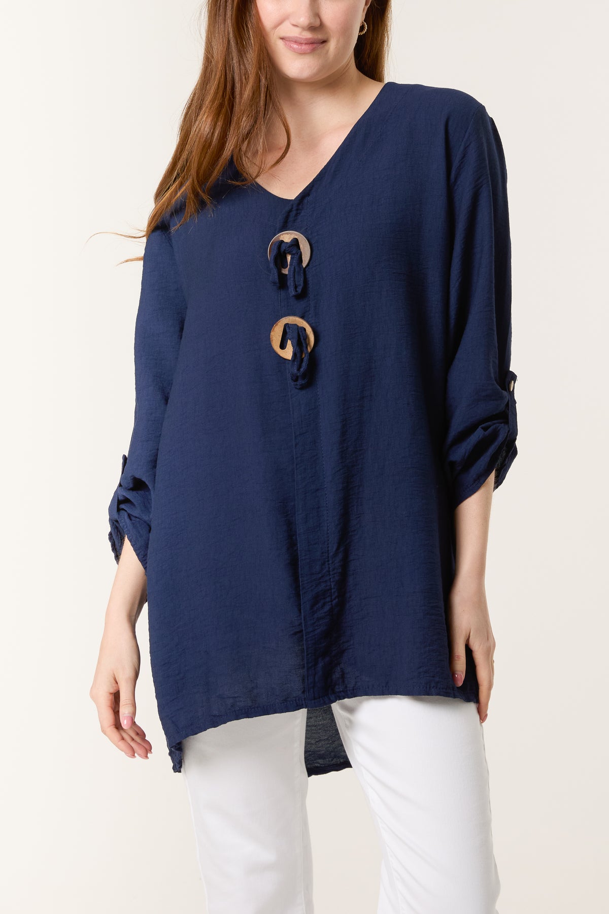 Tied Button Cotton Blend Blouse