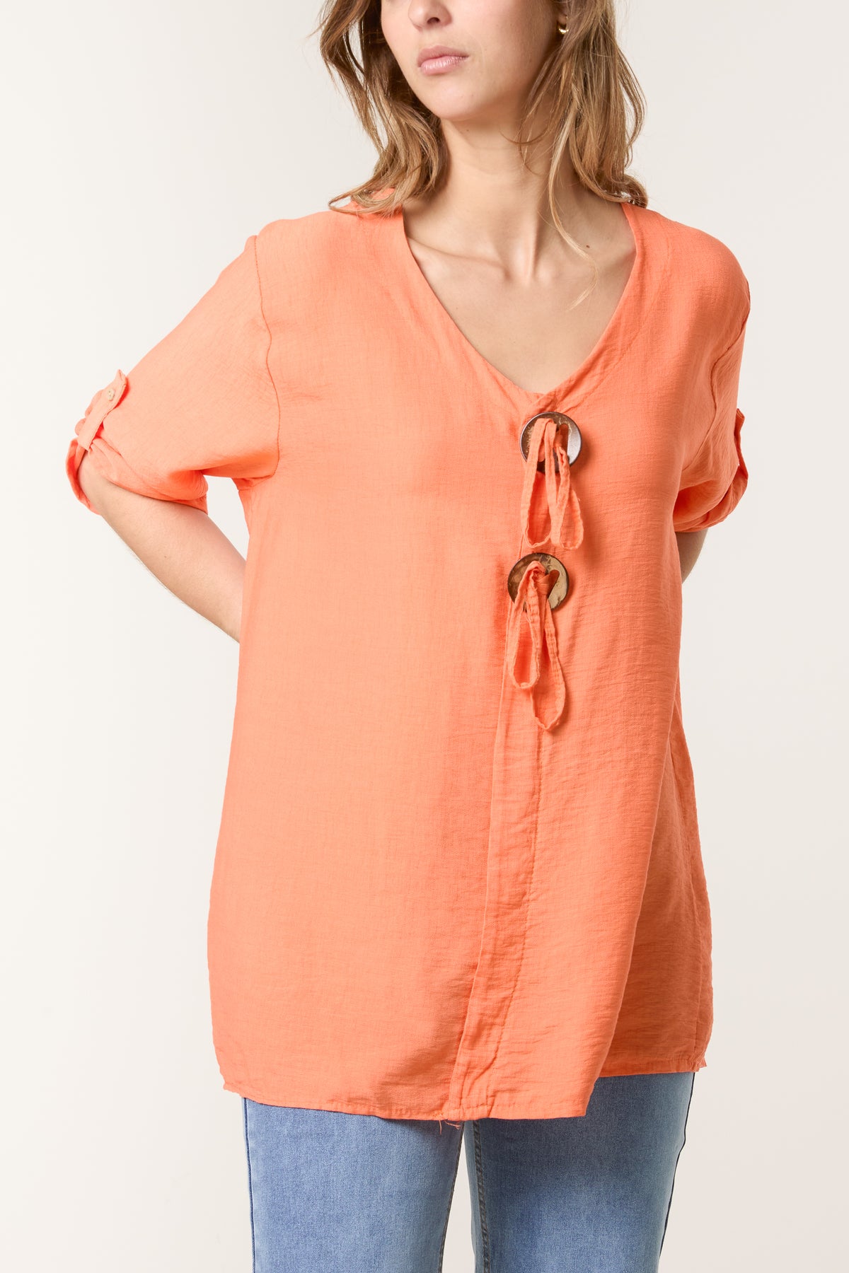 Tied Button Cotton Blend Blouse