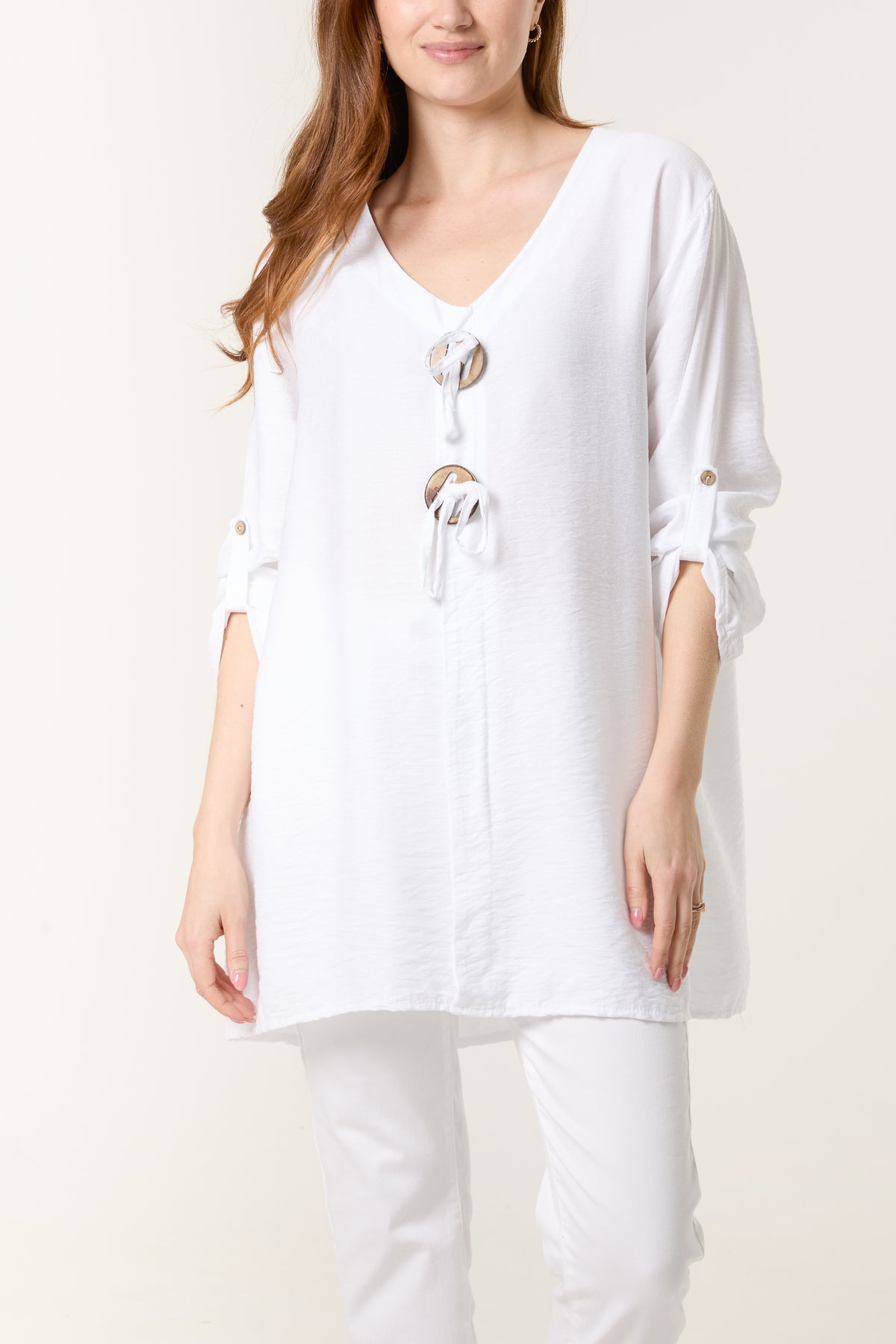 Tied Button Cotton Blend Blouse