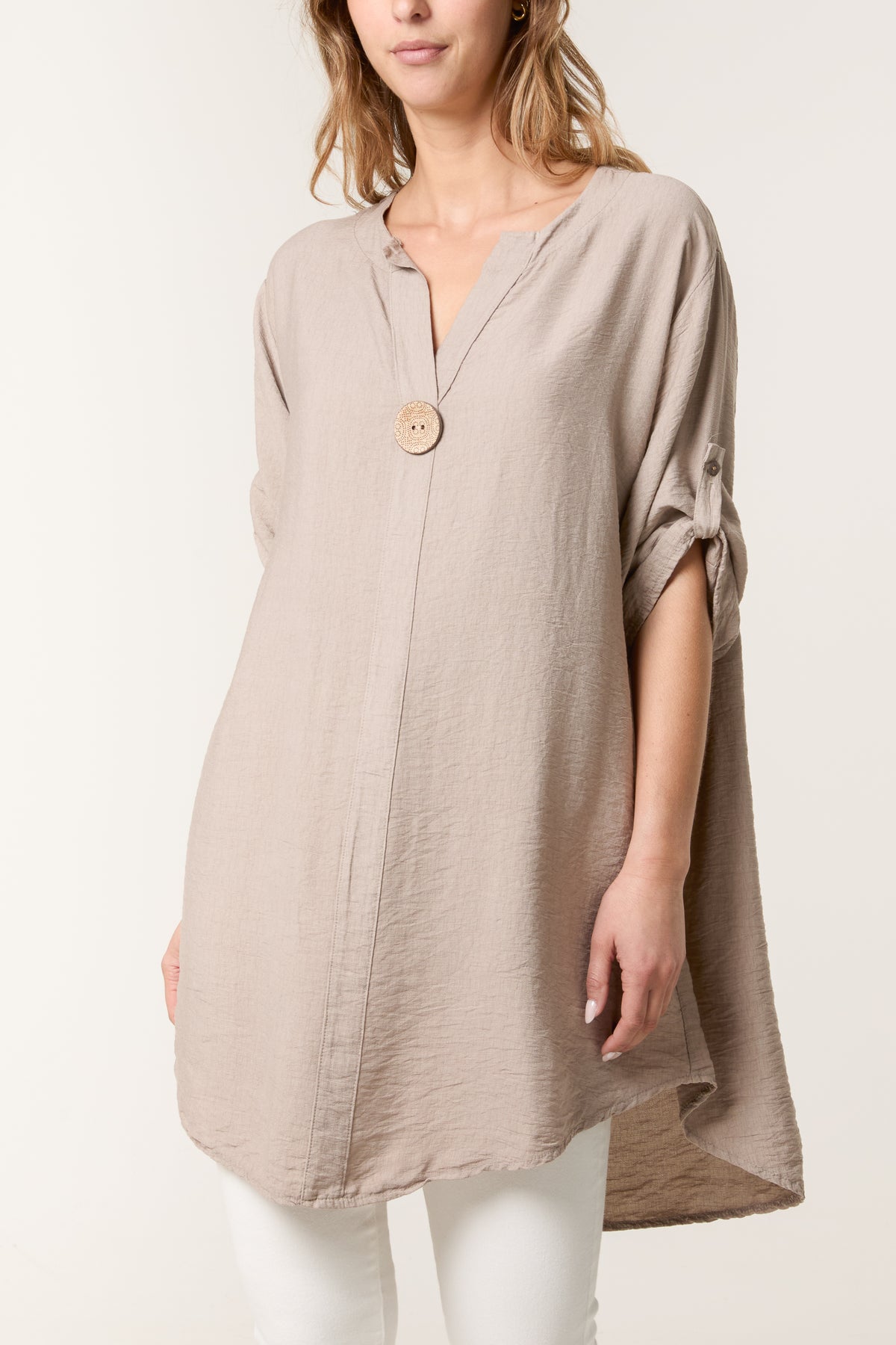 Button Front Roll Sleeve Blouse