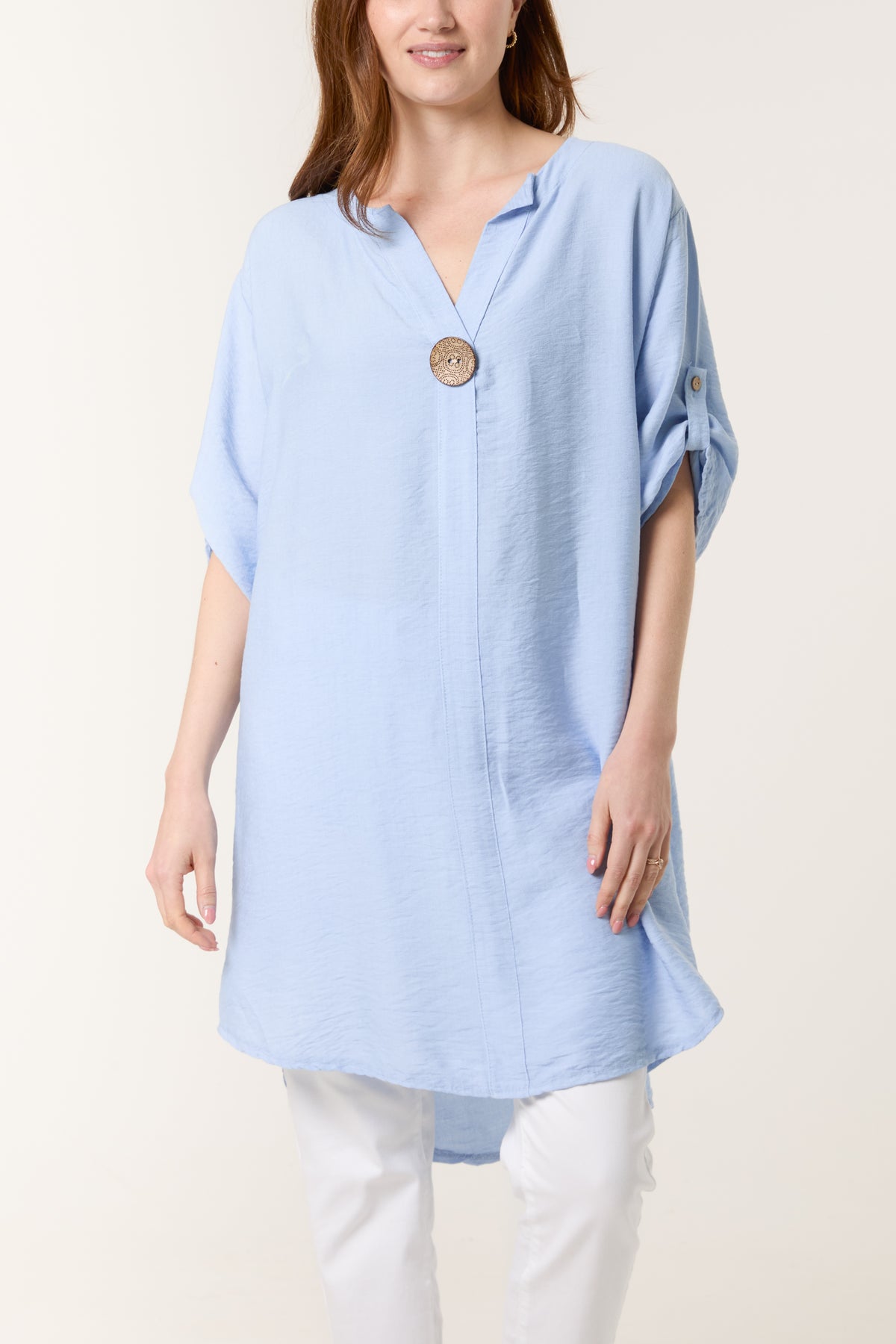 Button Front Roll Sleeve Blouse