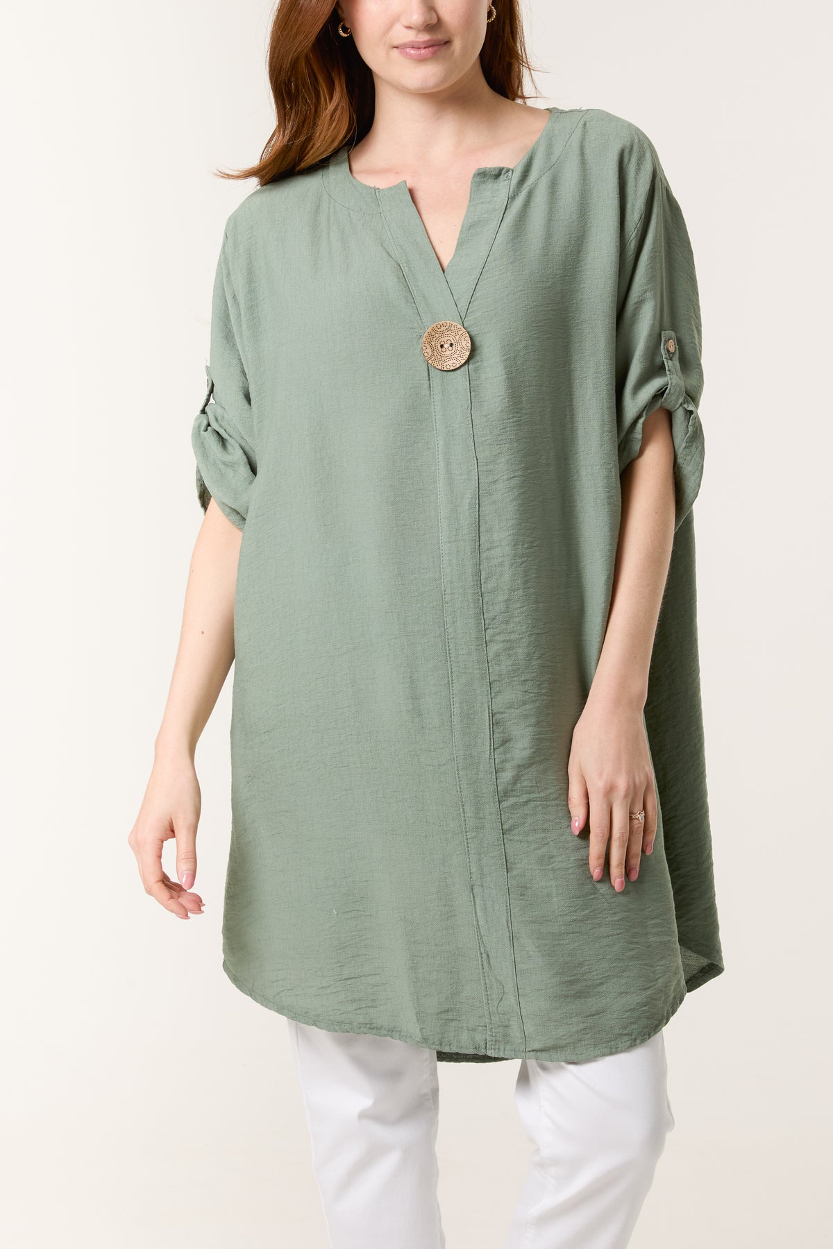 Button Front Roll Sleeve Blouse