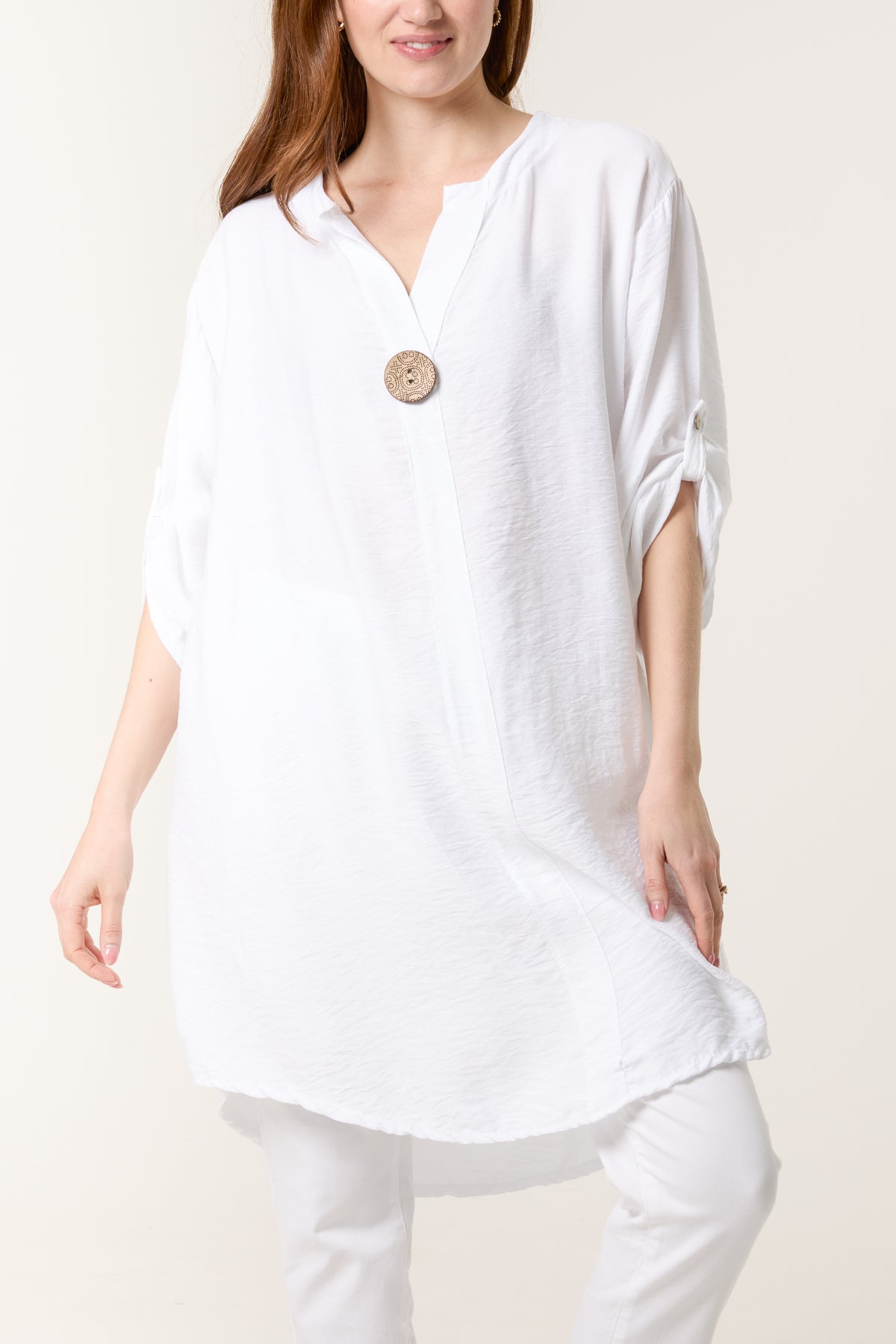 Button Front Roll Sleeve Blouse