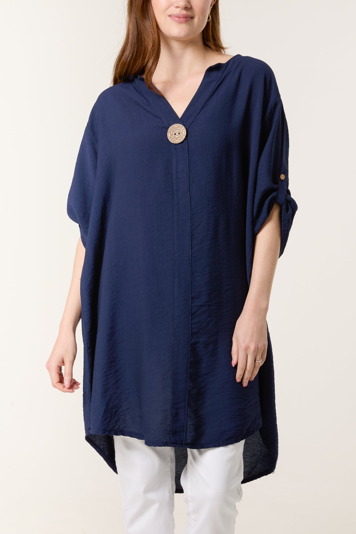 Button Front Roll Sleeve Blouse