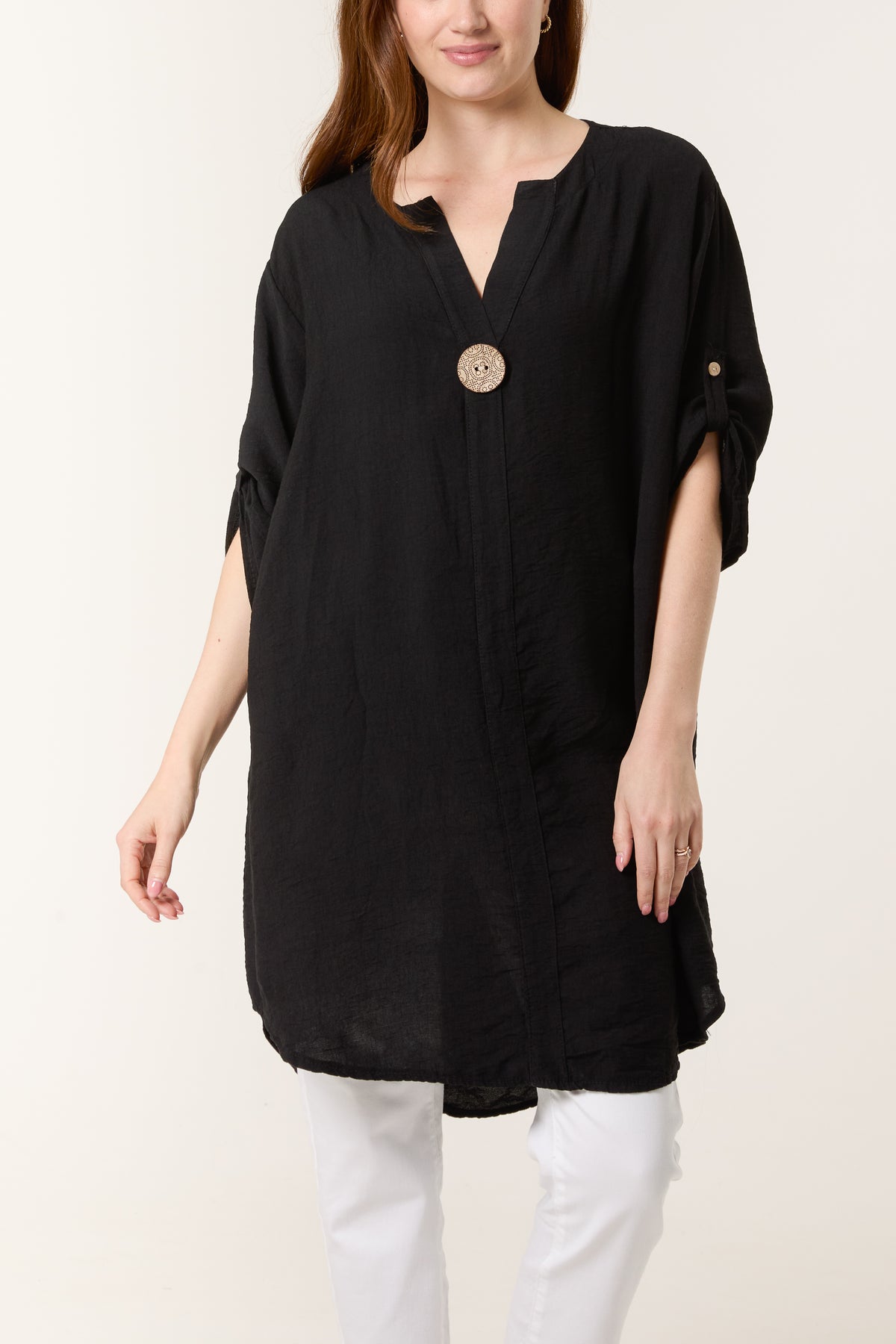 Button Front Roll Sleeve Blouse