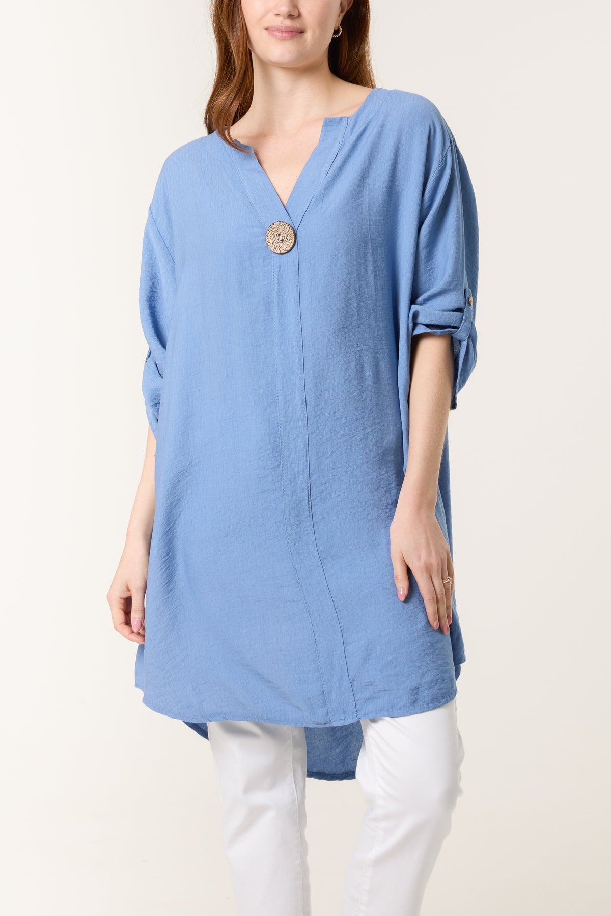 Button Front Roll Sleeve Blouse