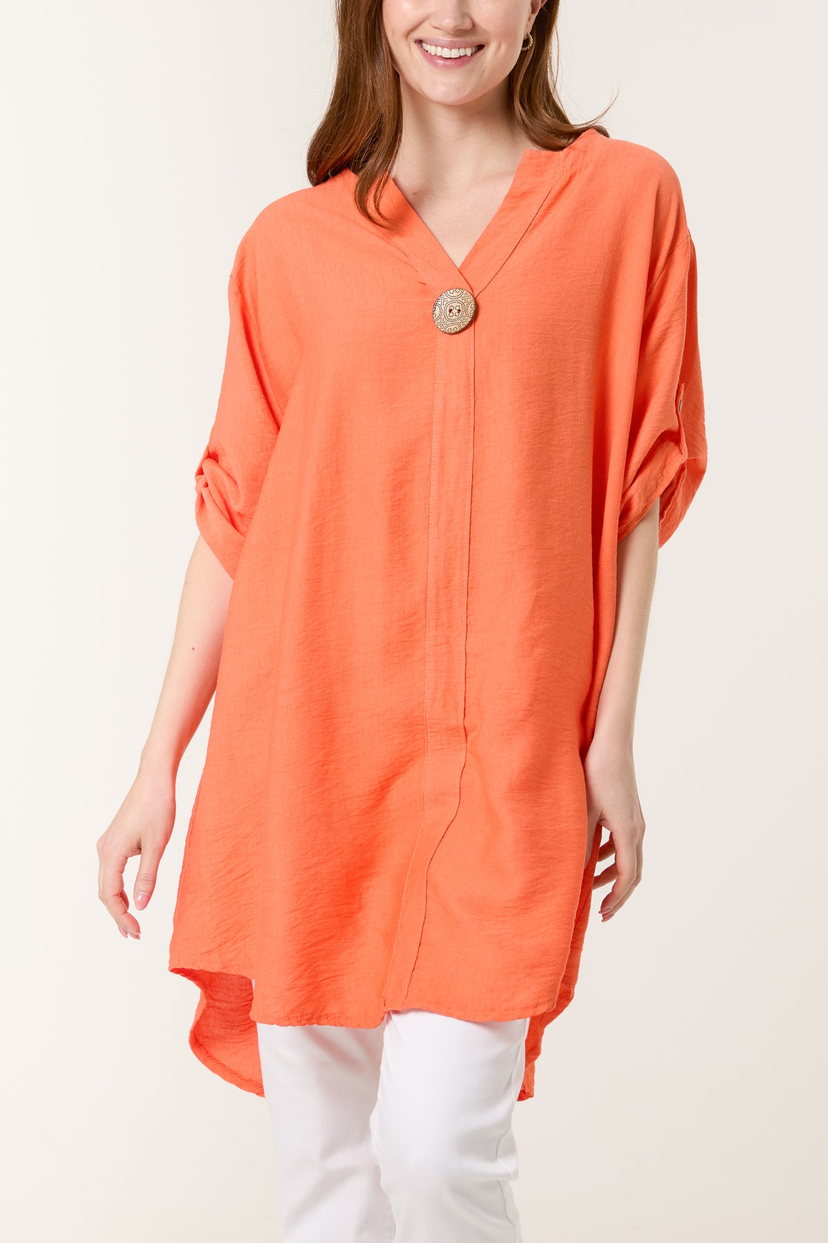 Button Front Roll Sleeve Blouse