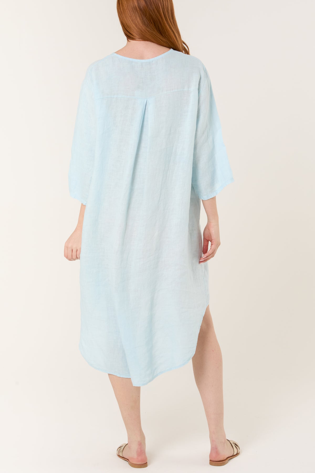 Pure Linen Gold Button Midi Dress