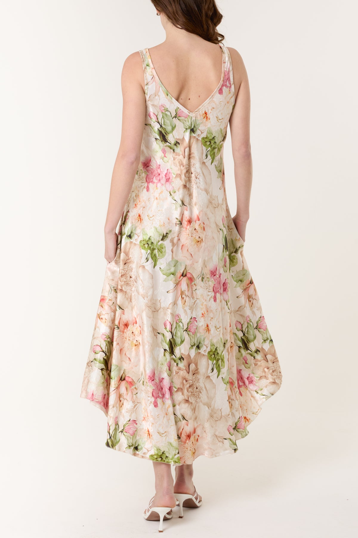Floral Satin  Double V-Neck Maxi Dress