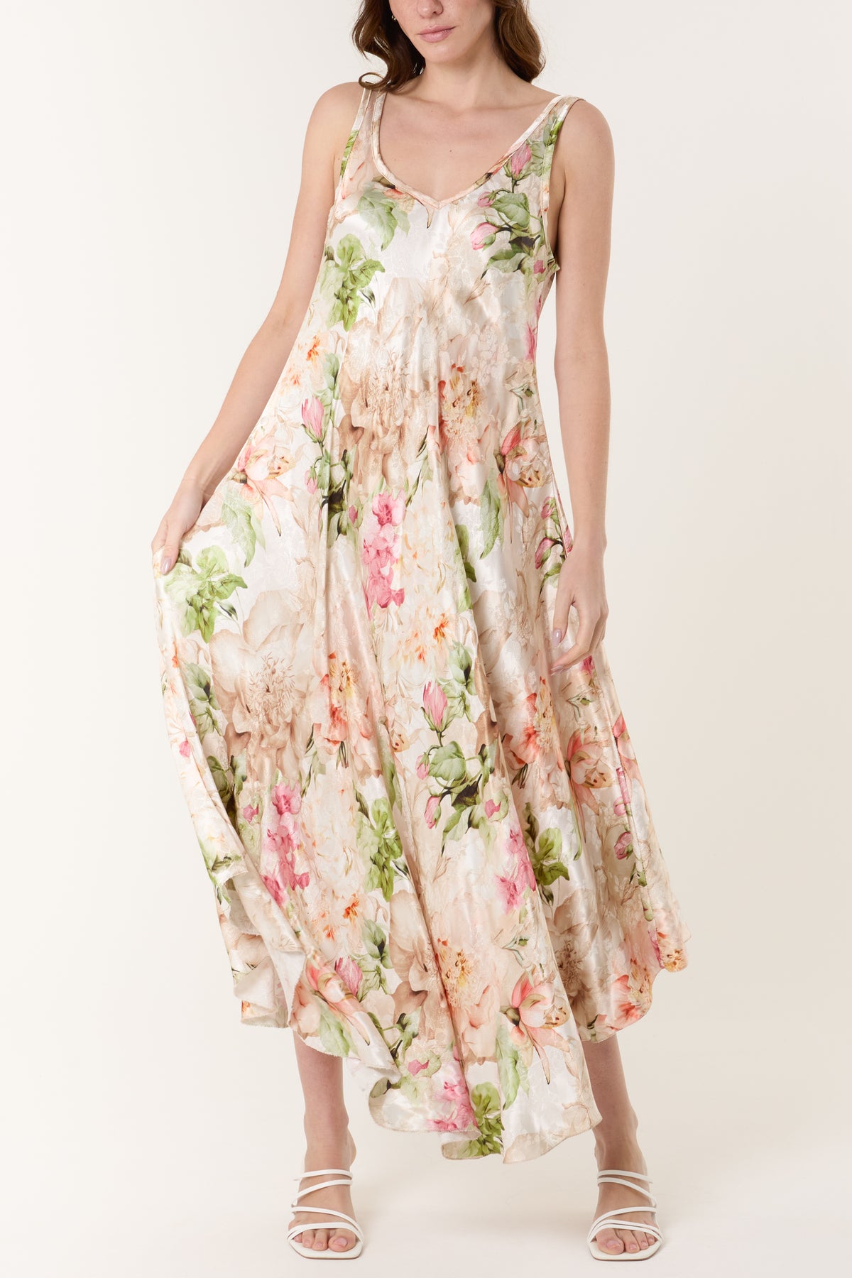 Floral Satin  Double V-Neck Maxi Dress