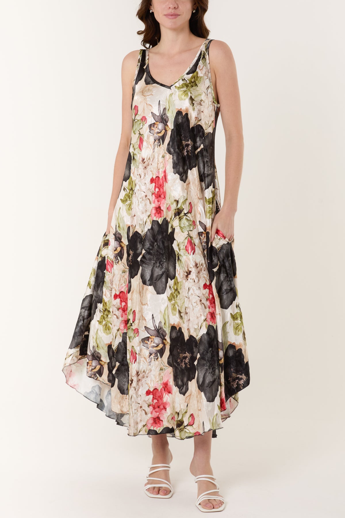 Floral Satin  Double V-Neck Maxi Dress