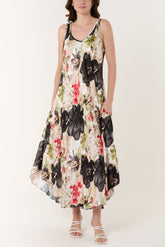Floral Satin  Double V-Neck Maxi Dress