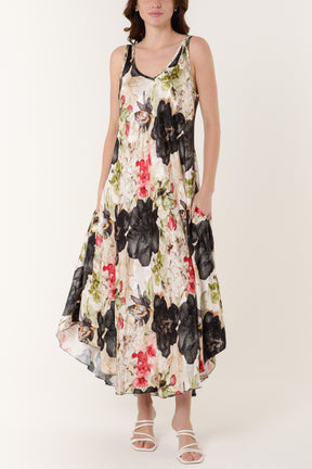 Floral Satin  Double V-Neck Maxi Dress