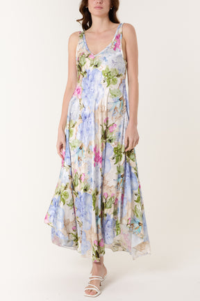 Floral Satin  Double V-Neck Maxi Dress