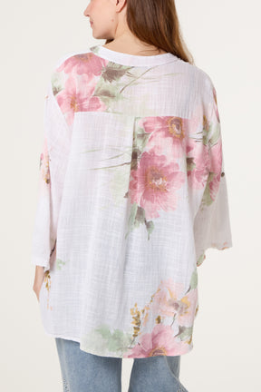 Floral Sequin Pocket Cotton Blouse