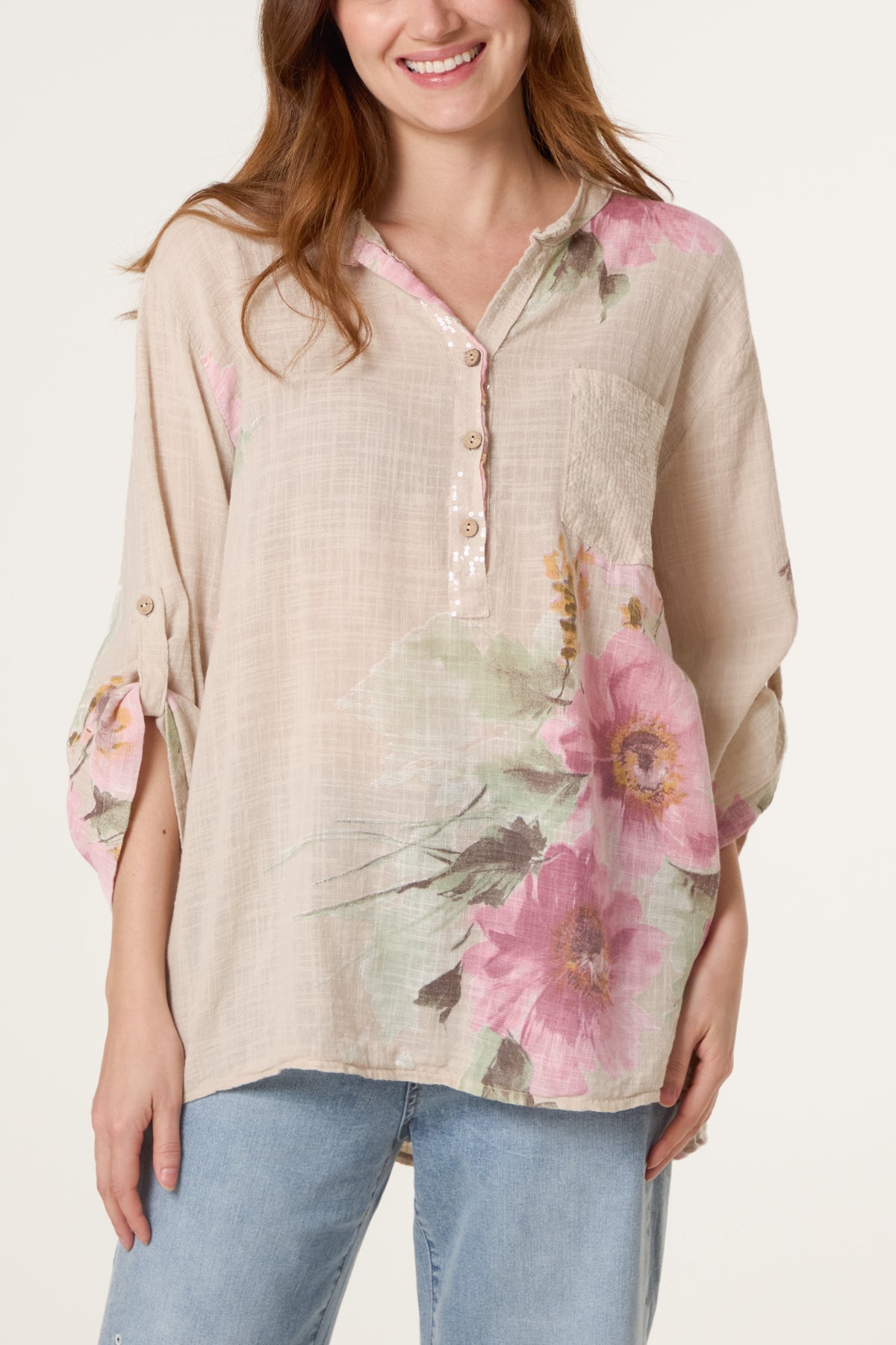 Floral Sequin Pocket Cotton Blouse