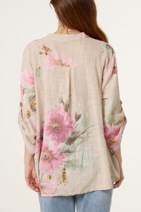 Floral Sequin Pocket Cotton Blouse