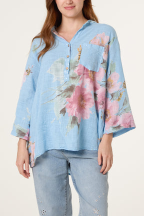 Floral Sequin Pocket Cotton Blouse