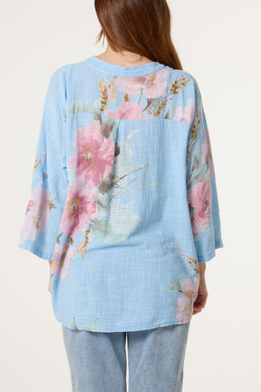 Floral Sequin Pocket Cotton Blouse