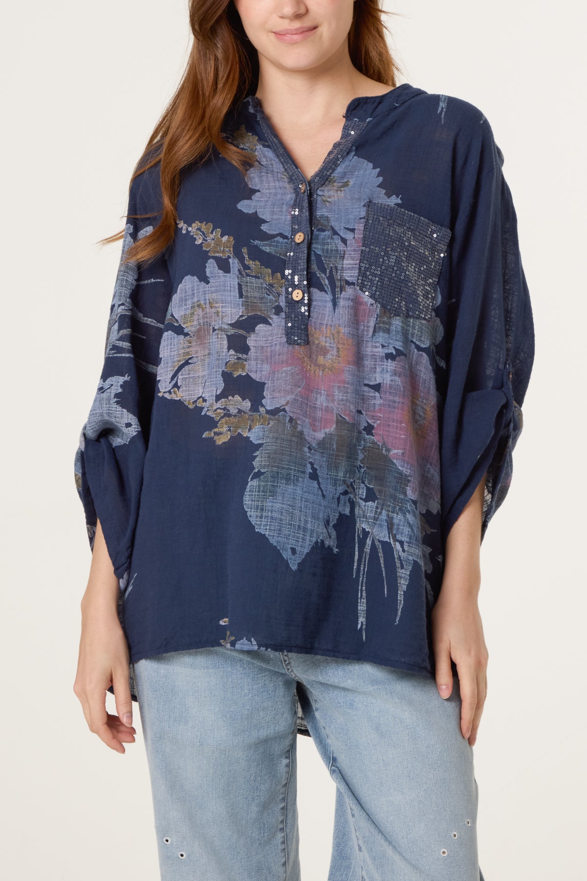 Floral Sequin Pocket Cotton Blouse