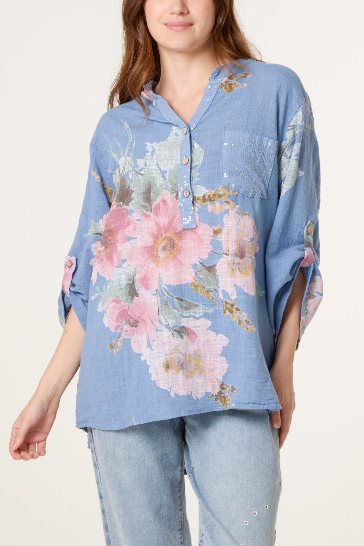 Floral Sequin Pocket Cotton Blouse