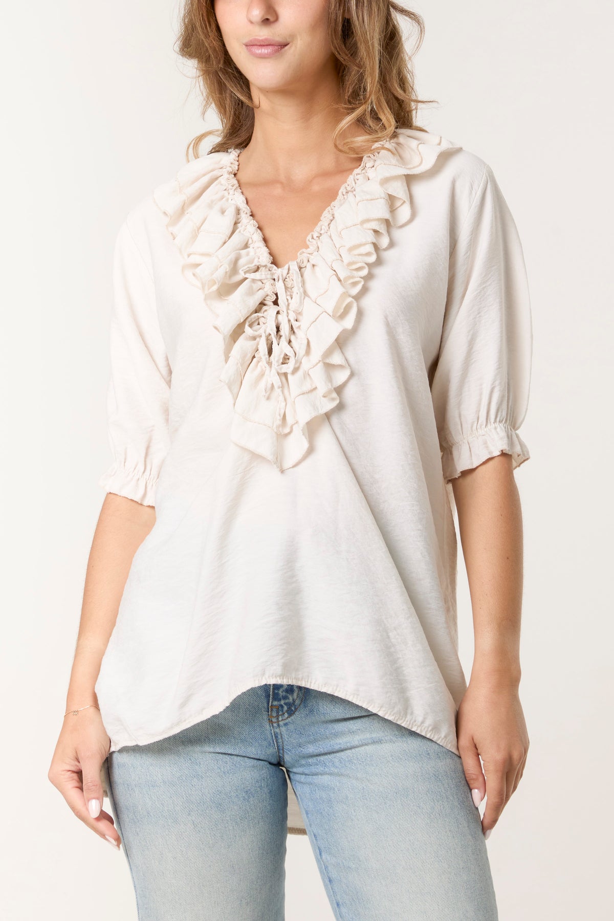 Ruffle Neck Short Sleeve Blouse