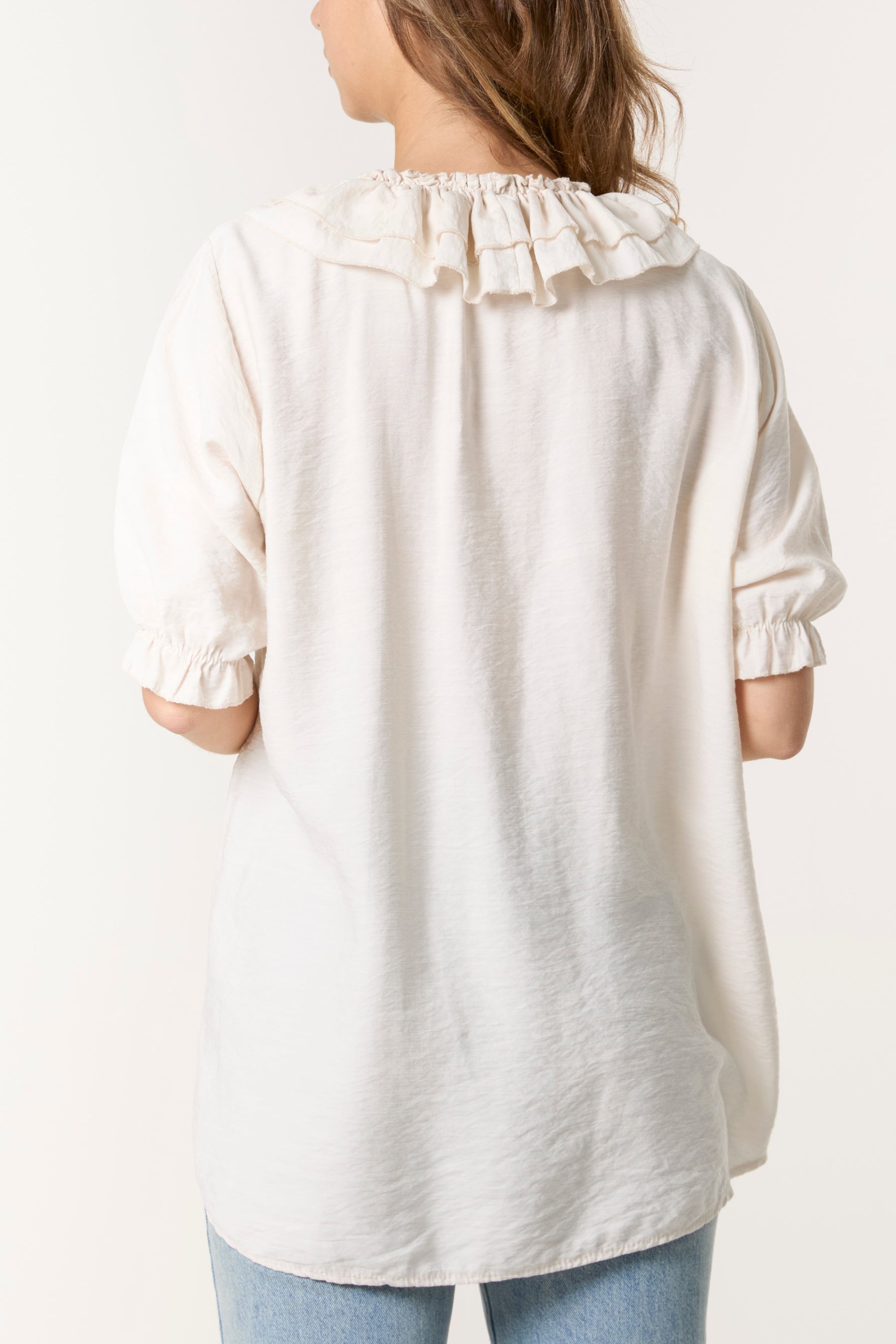 Ruffle Neck Short Sleeve Blouse