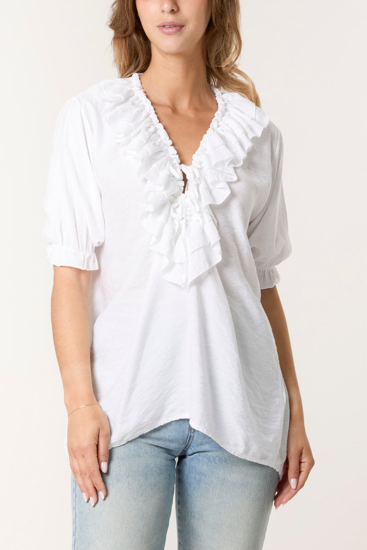 Ruffle Neck Short Sleeve Blouse