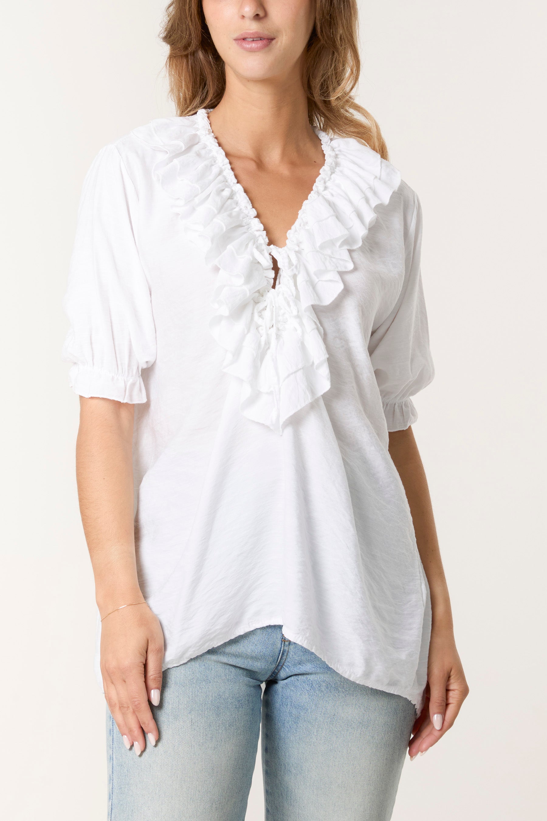 Ruffle Neck Short Sleeve Blouse