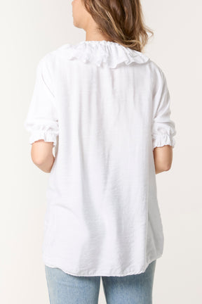 Ruffle Neck Short Sleeve Blouse