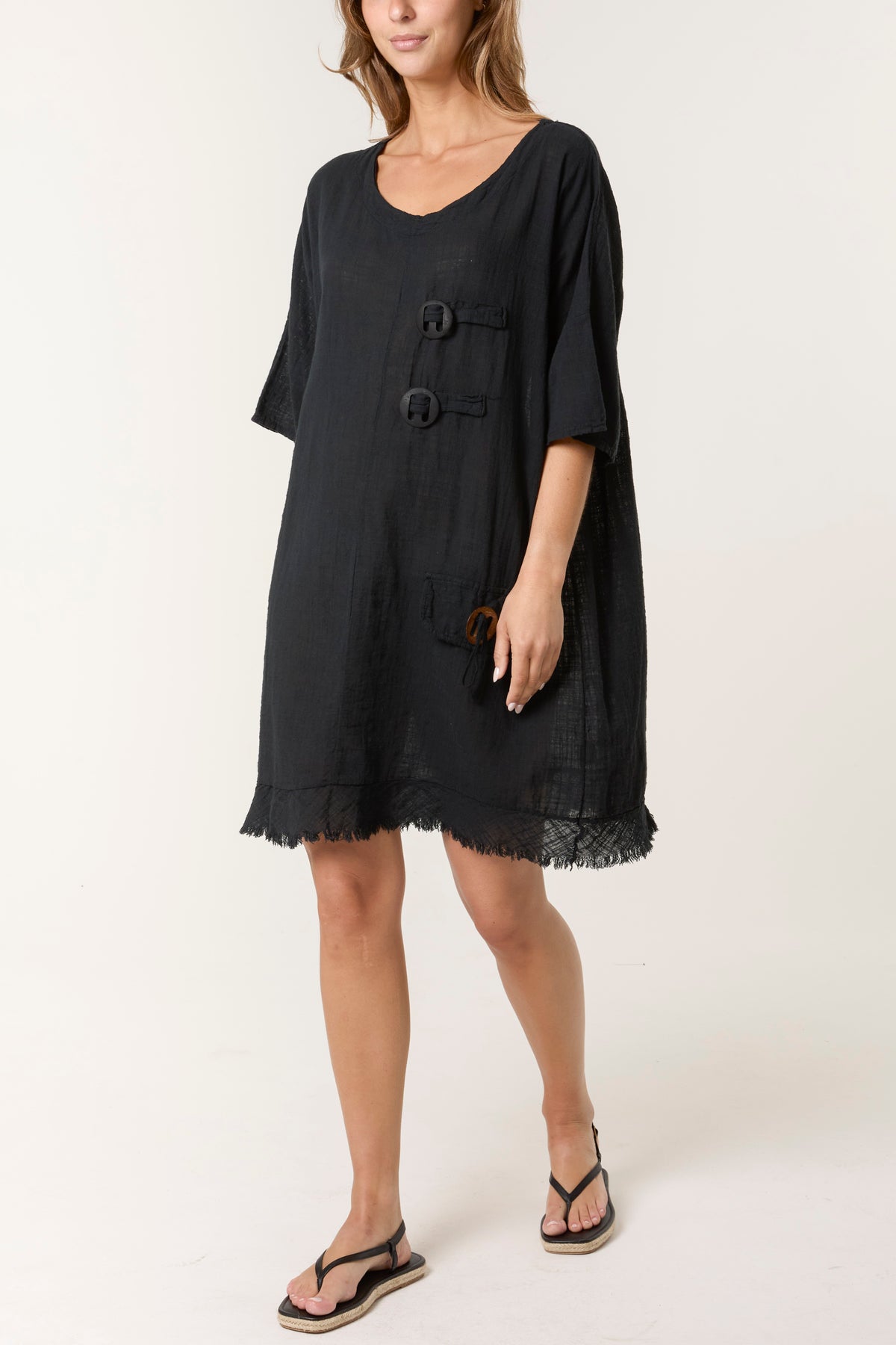 Distressed Hem Coconut Button Dress