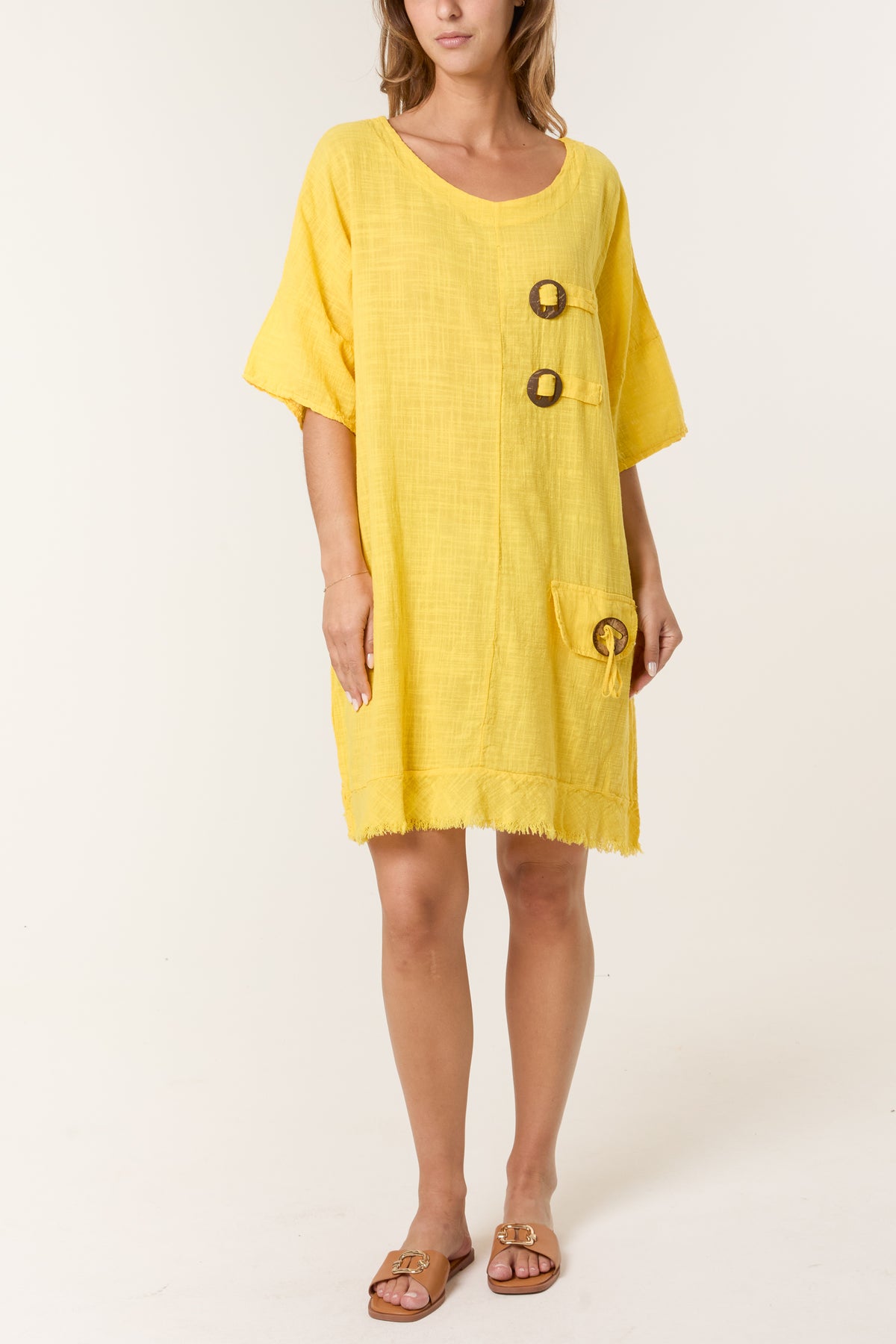 Distressed Hem Coconut Button Dress