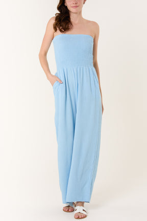 Shirred Bandeau Wide Leg Cheesecloth Jumpsuit