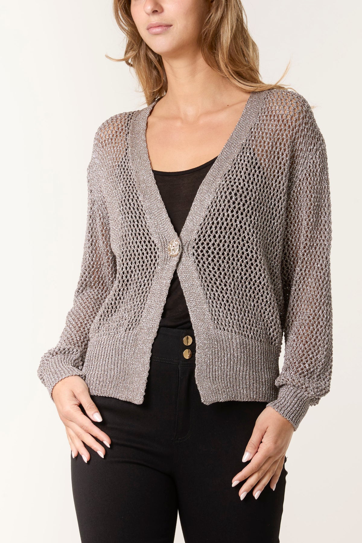 Gold Button Lurex Knit Cardigan
