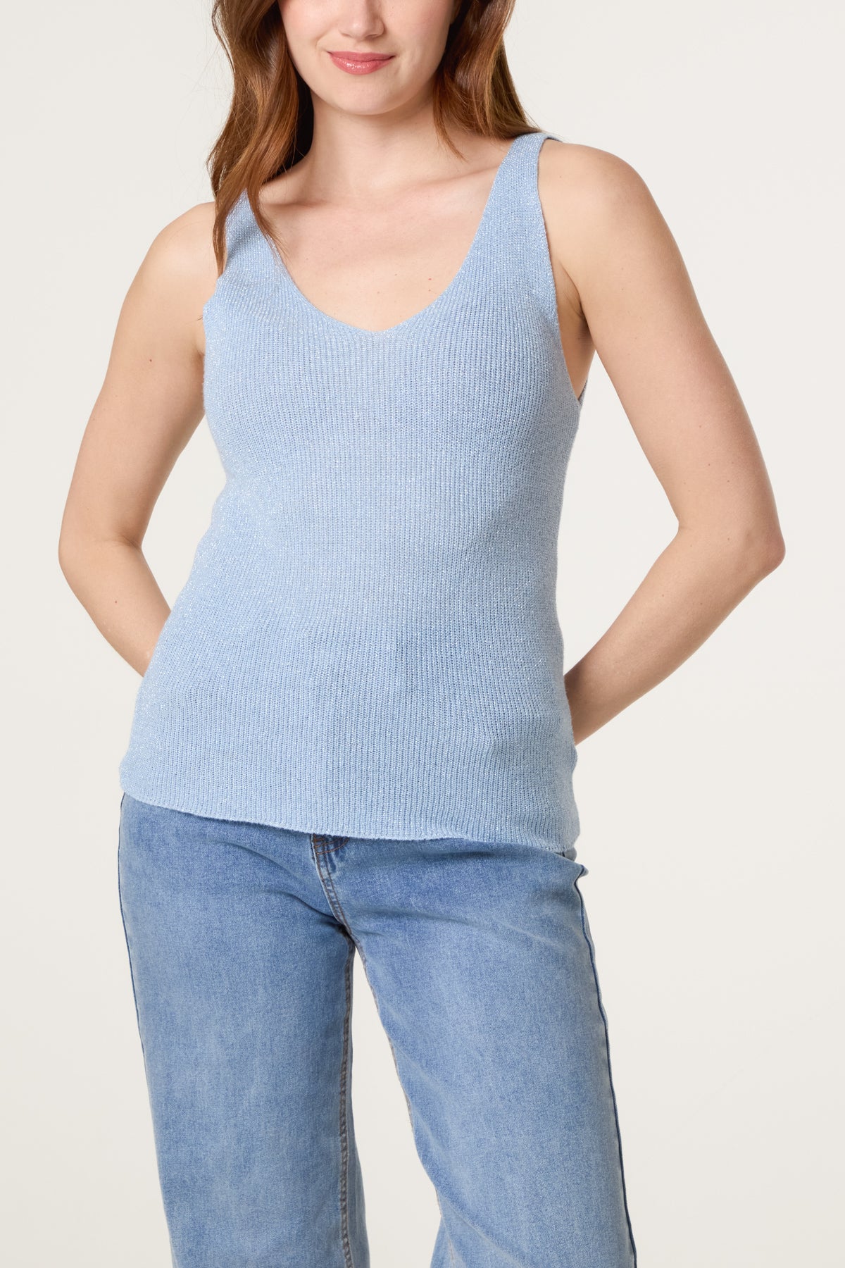 Double V-Neck Strap Knit Top
