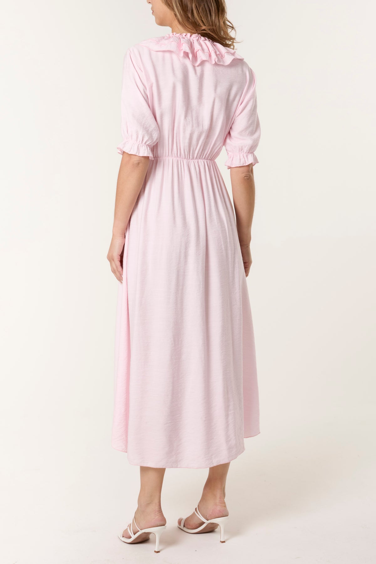 V-Neck Front Ruffle Midi Dress