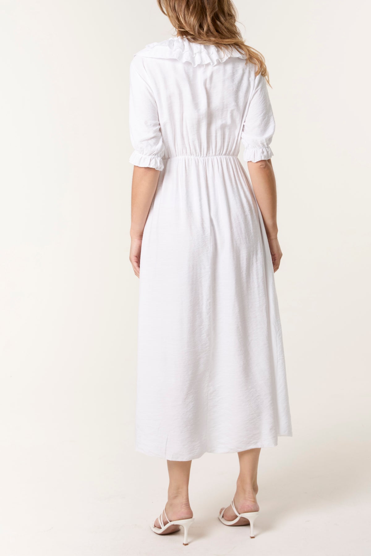 V-Neck Front Ruffle Midi Dress