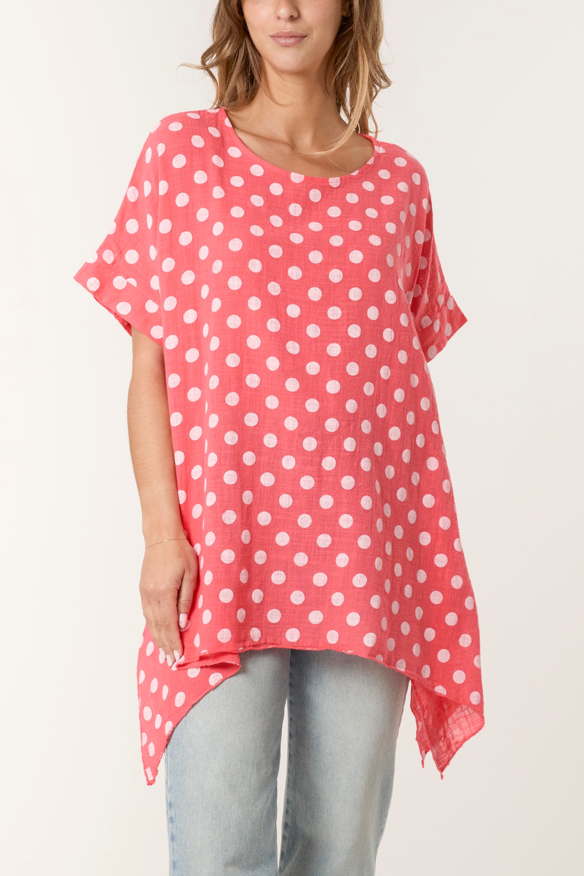 Polka Dot Asymmetric Hem Cotton Top
