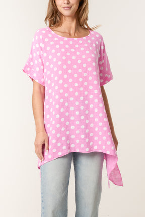 Polka Dot Asymmetric Hem Cotton Top