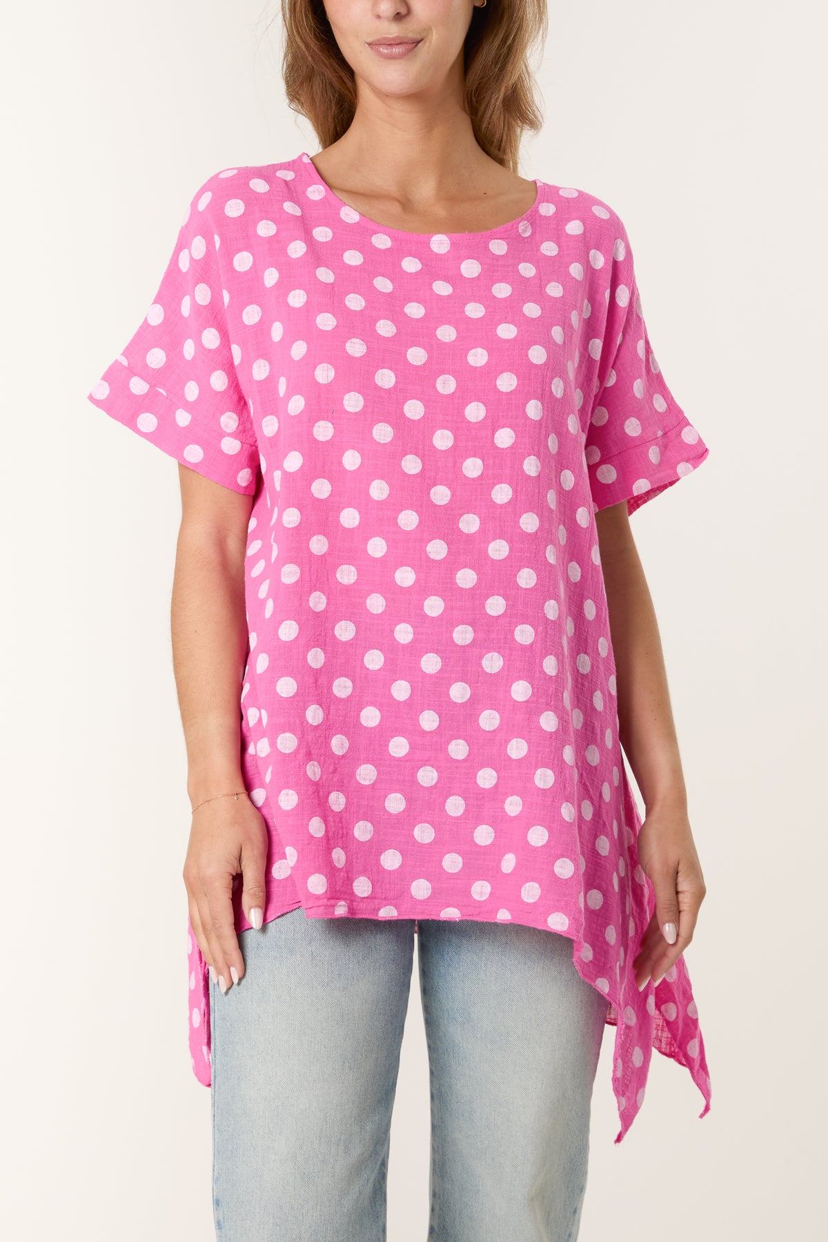Polka Dot Asymmetric Hem Cotton Top