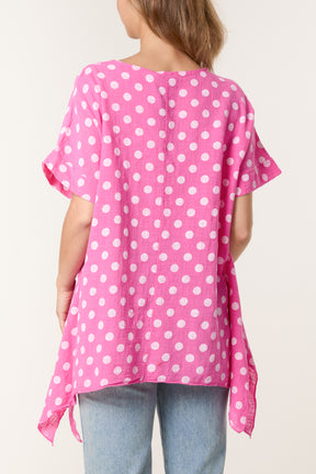 Polka Dot Asymmetric Hem Cotton Top