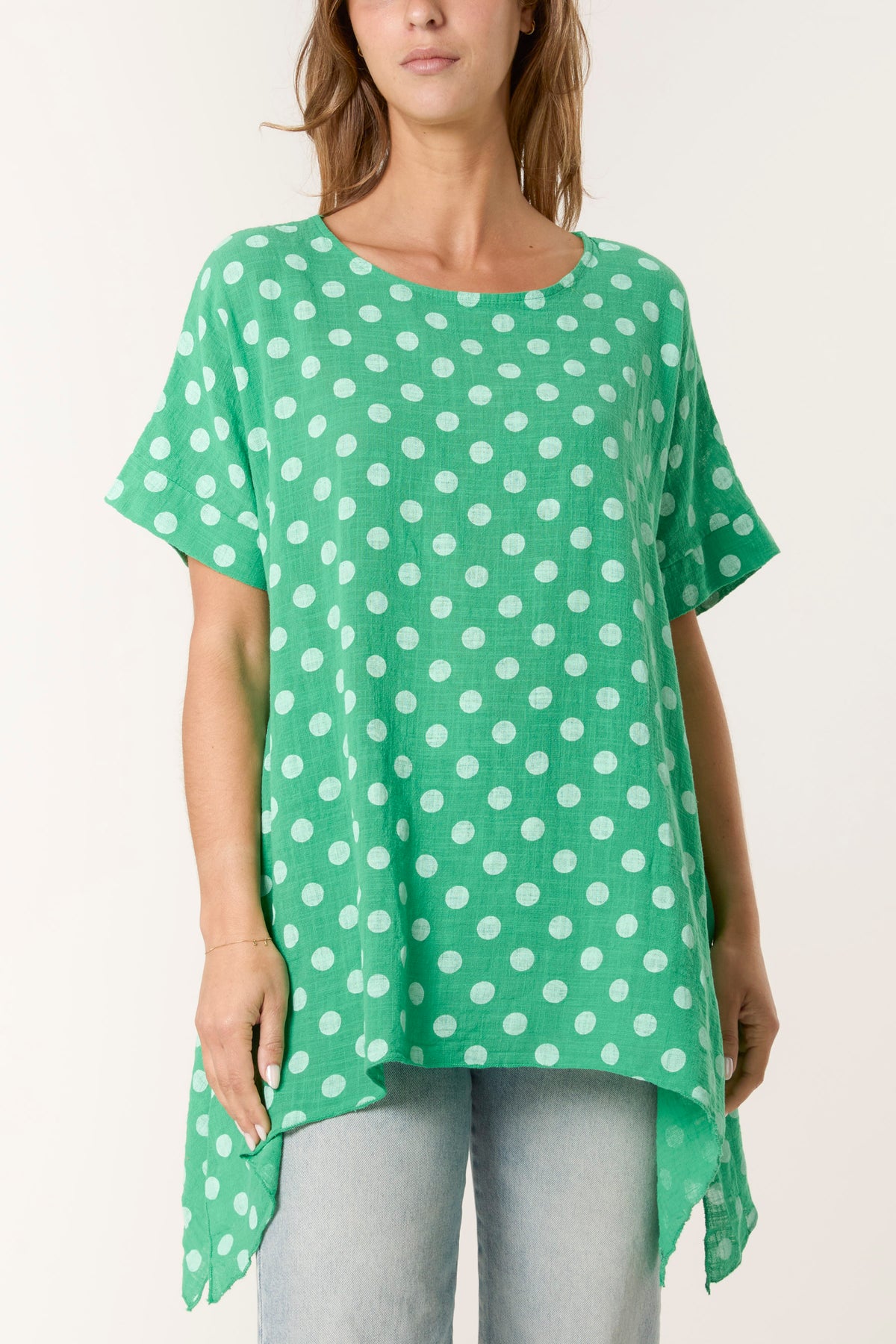 Polka Dot Asymmetric Hem Cotton Top