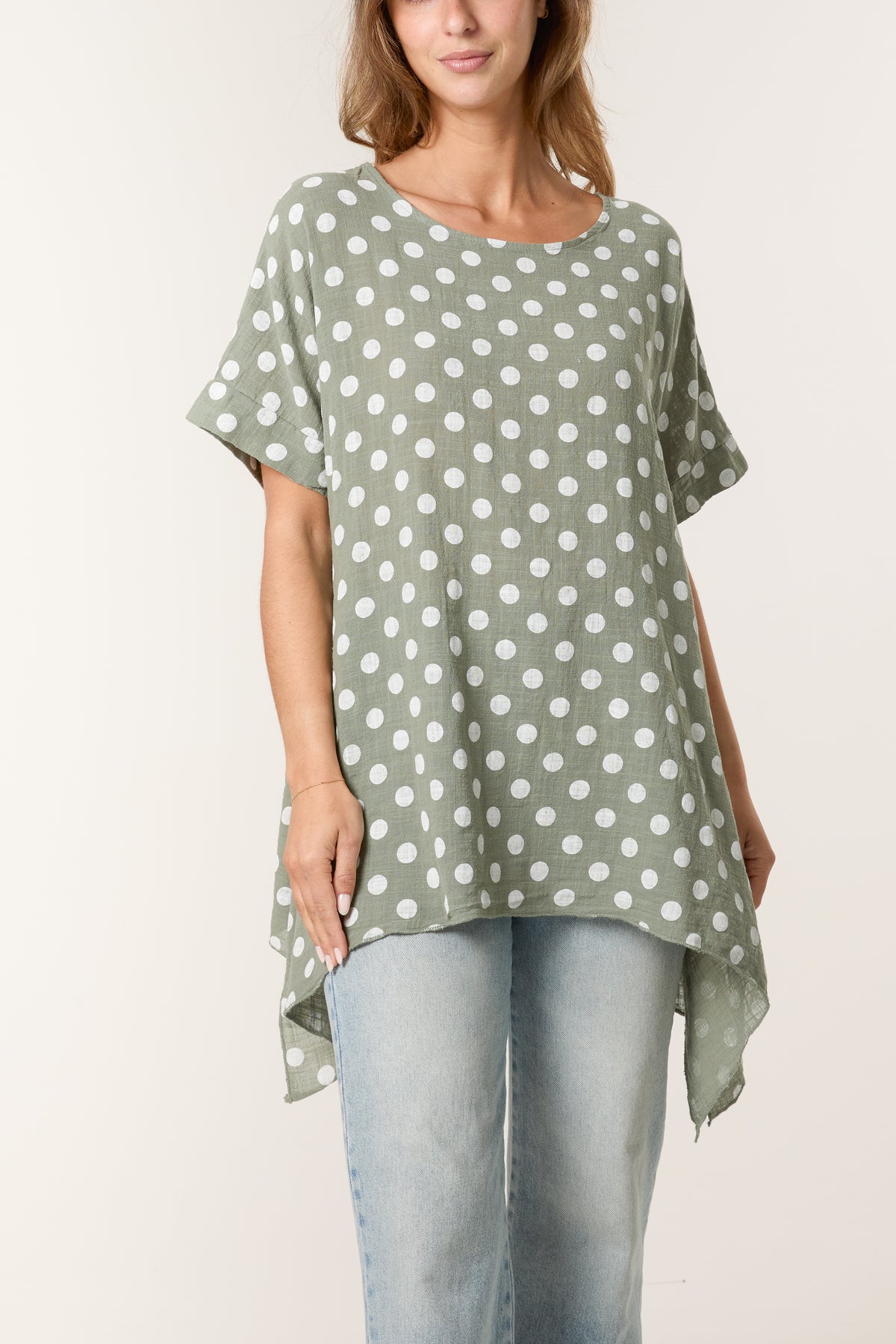 Polka Dot Asymmetric Hem Cotton Top